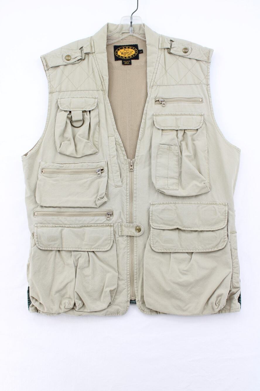 Vintage Woolrich Vest Men Large Beige Canvas Multi Pocket Safari Hunting Fishing